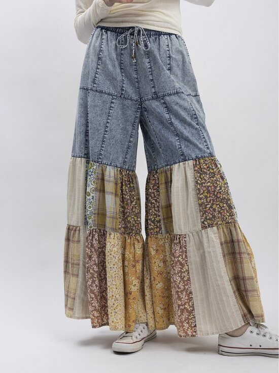 POL Pants - BLUEVELVET WIDE LEG PANT W/ TIERS, RUFFLES AND PATCHWORK